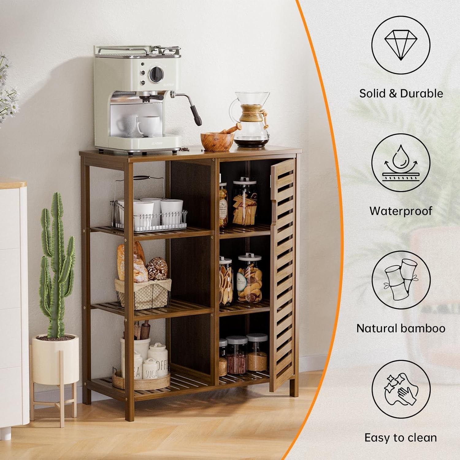 Walnut Bamboo Storage Cabinet with Door & Shelves Modern 63x33x87cm