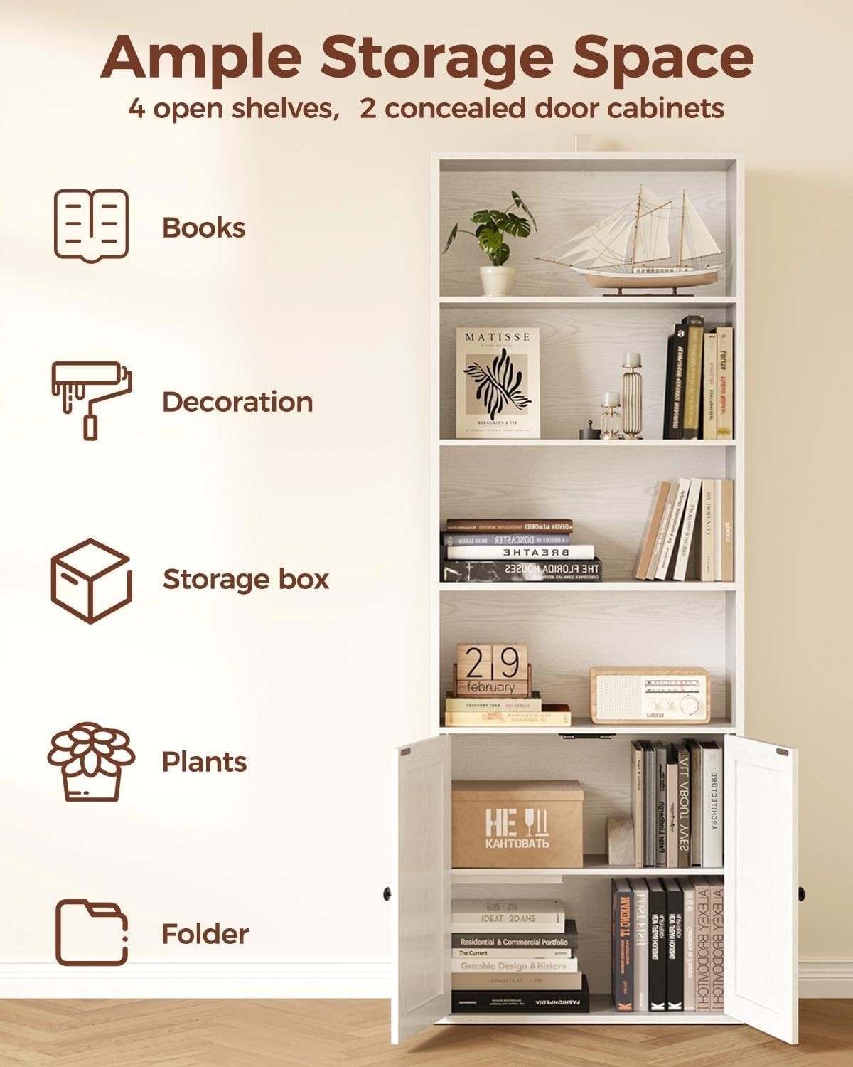 6 Tier Tall White Bookcase with Doors Storage Display BookShelf 60x23.5x180cm
