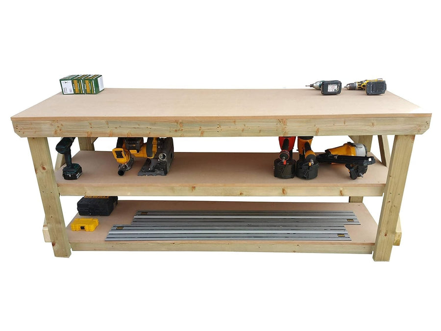 Wood MDF Workbench 8ft Double Shelf 240x70x90cm Heavy Duty Garage Table