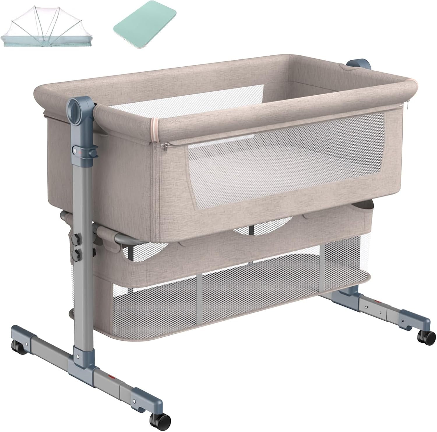 3in1 Baby Bedside Crib Foldable Travel Bassinet with Mattress & Storage Brown