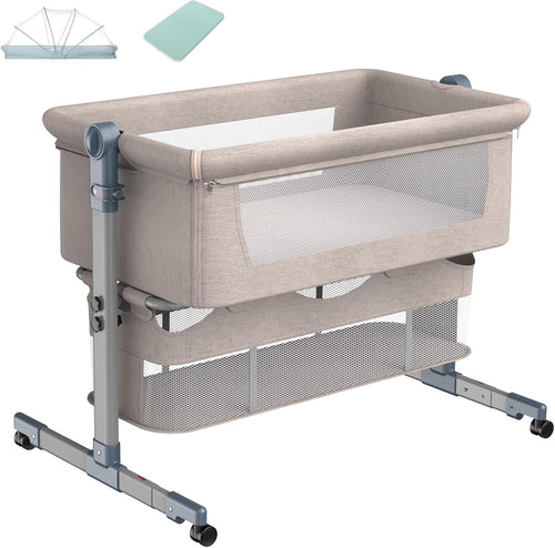 3in1 Baby Bedside Crib Foldable Travel Bassinet with Mattress & Storage Brown
