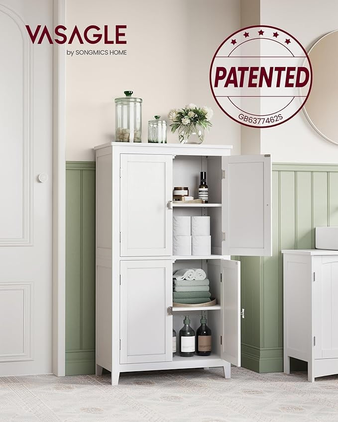 Tall White Bathroom Storage Cabinet with 4 Doors & Adjustable Shelves – Modern