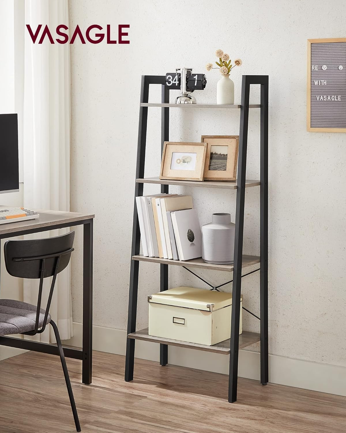 4-Tier Industrial Ladder Shelf Bookcase – Greige Storage Rack  Home & Office