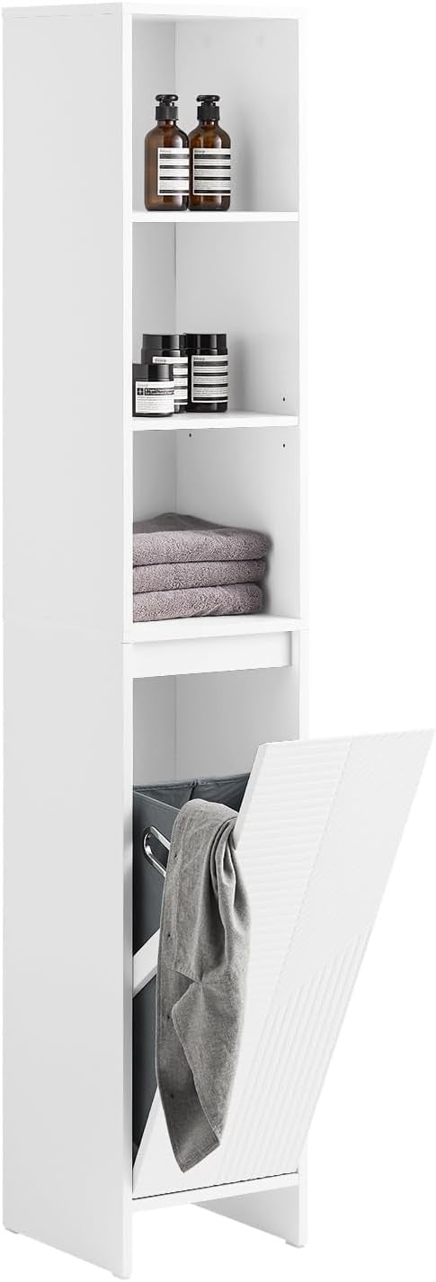 Tall Slim Bathroom Storage Cabinet with Laundry Hamper Adjustable Shelves White