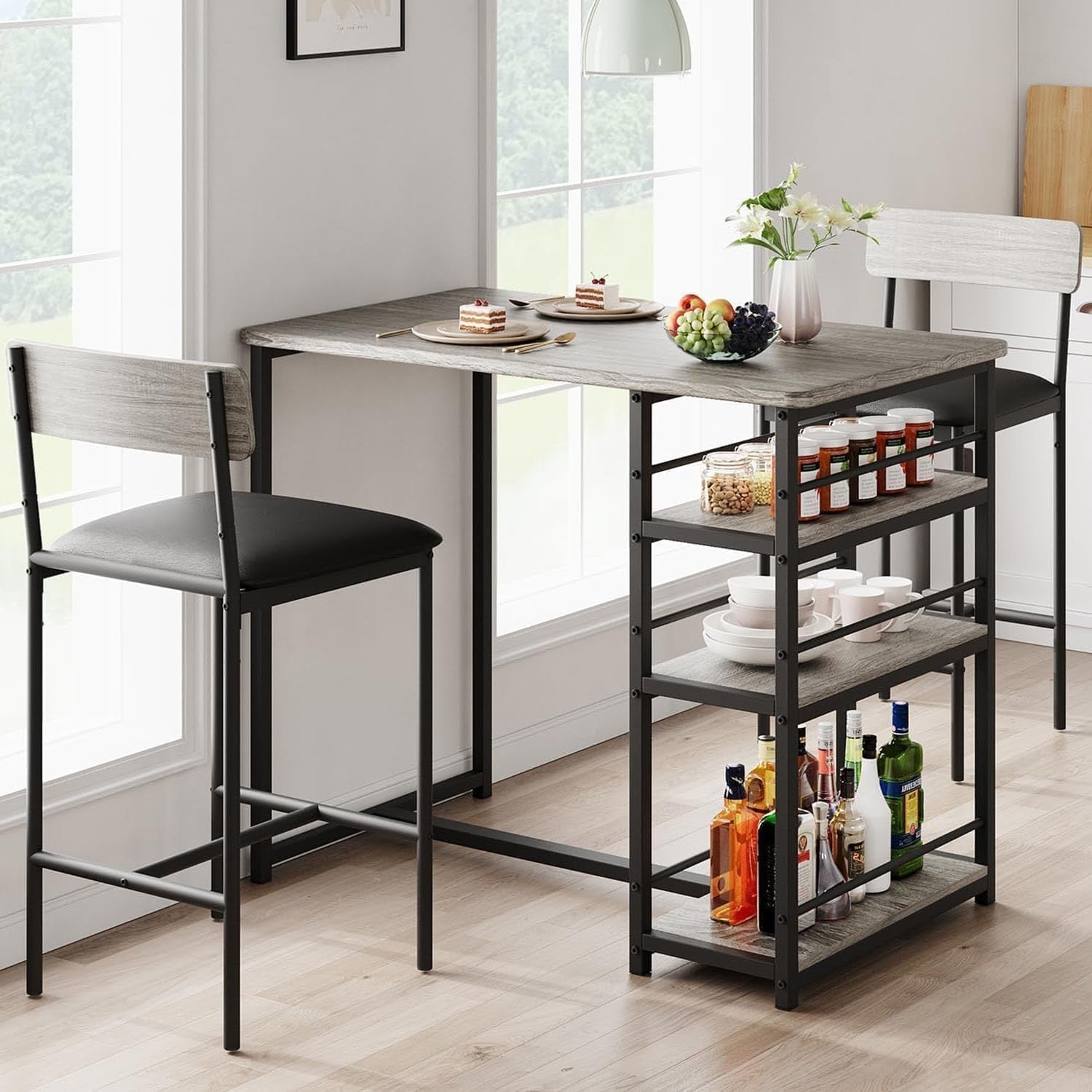 2-Seater Dining Table Set Chairs & 3-Tier Storage Shelves, Compact Grey Bistro