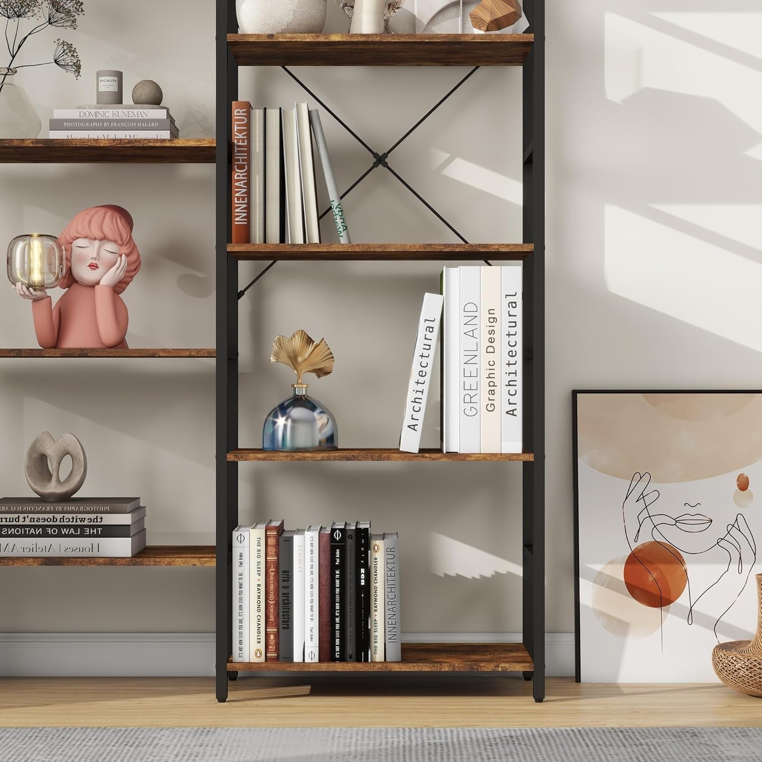 Industrial 5 Tier Bookcase Metal Frame Wooden Shelving Unit Display Storage