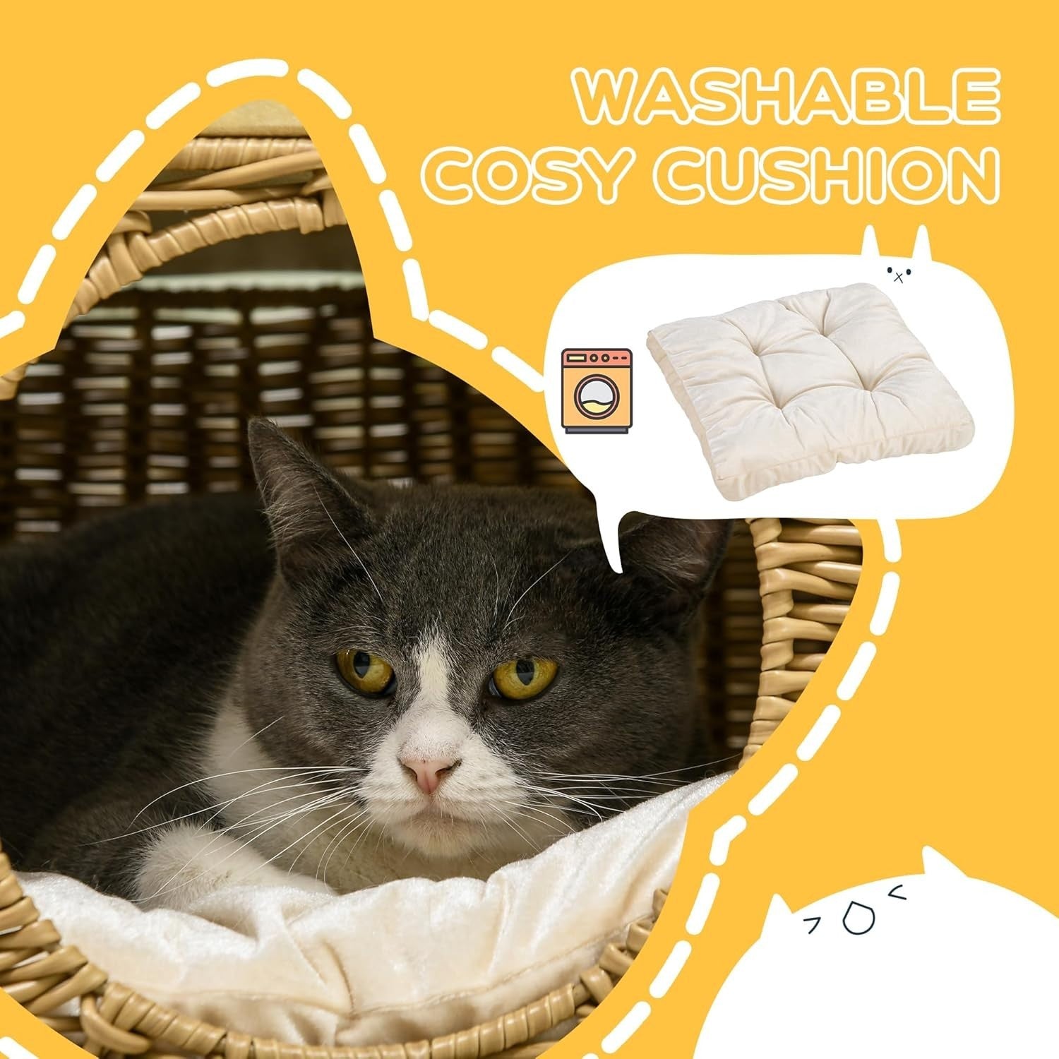 Elevated Wicker Cat House Washable Cushion Indoor Cat Cave Bed