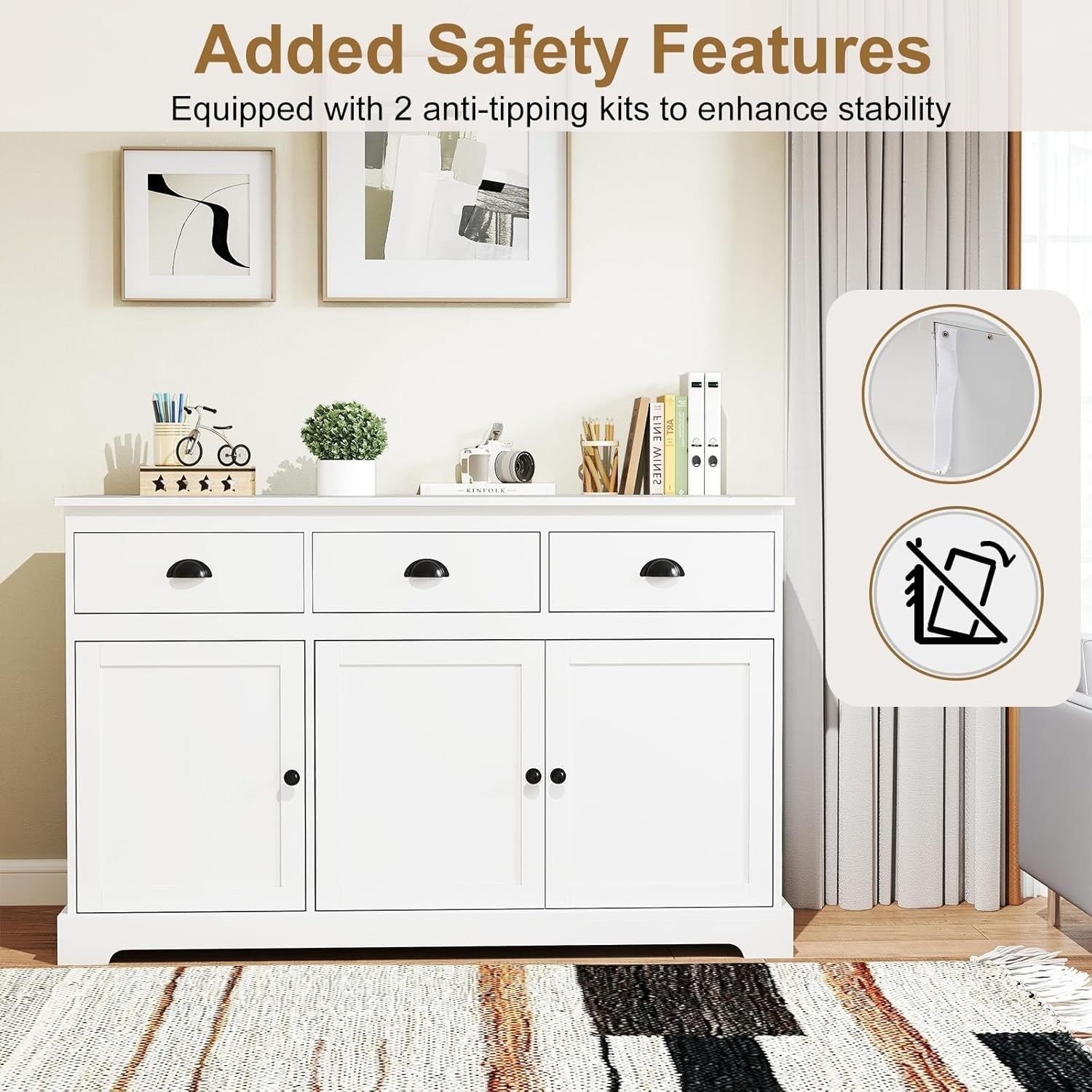 White Sideboard Storage Cabinet with Drawers & Adjustable Shelves Unit