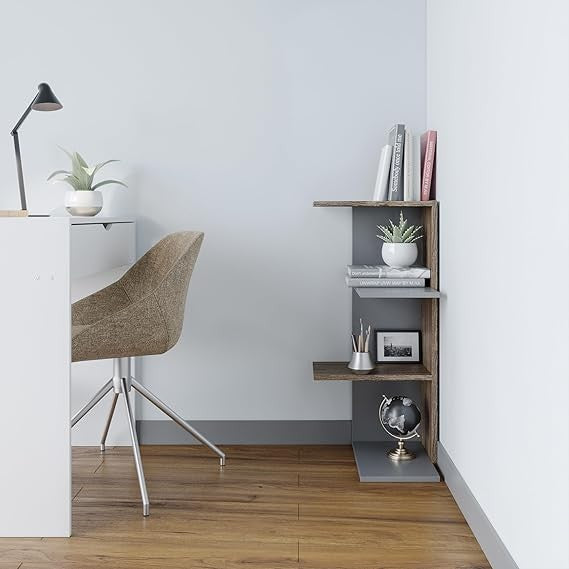 Modern 3-Tier Corner Bookcase Shelf Unit Space-Saving Display Storage Grey Oak
