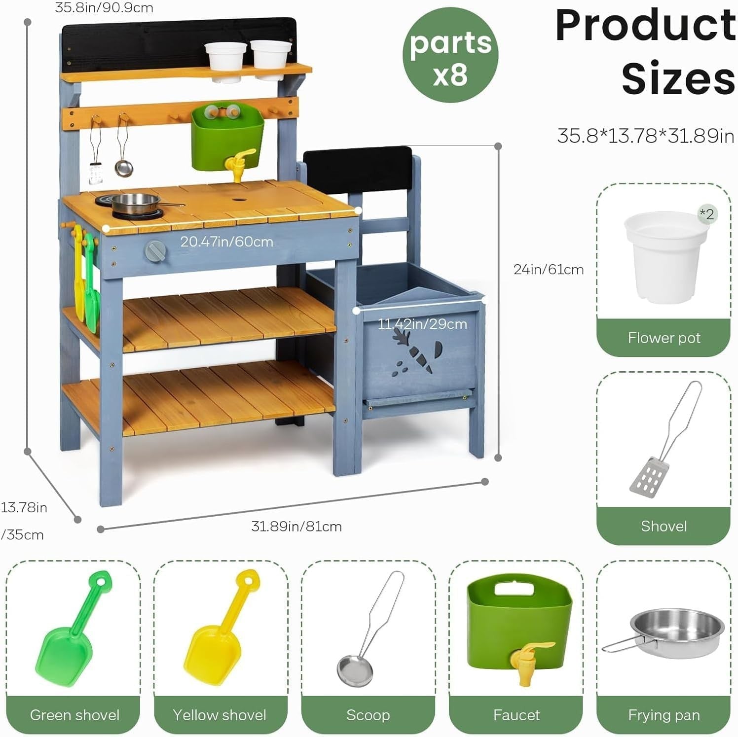 Outdoor Mud Kitchen for Kids w/ Planter Sink Gardening Toys
