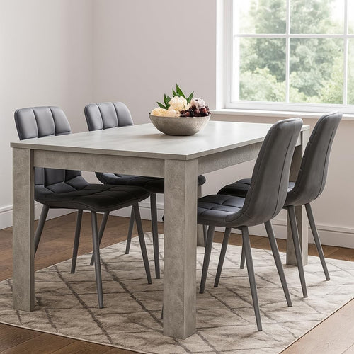 Grey 4 Seater Dining Table Set w/ Tufted Velvet Chairs | Stone Effect Finish