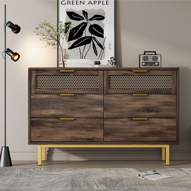 Dark Wood Sideboard Cabinet 6 Drawers, Metal Legs, Retro Storage Unit