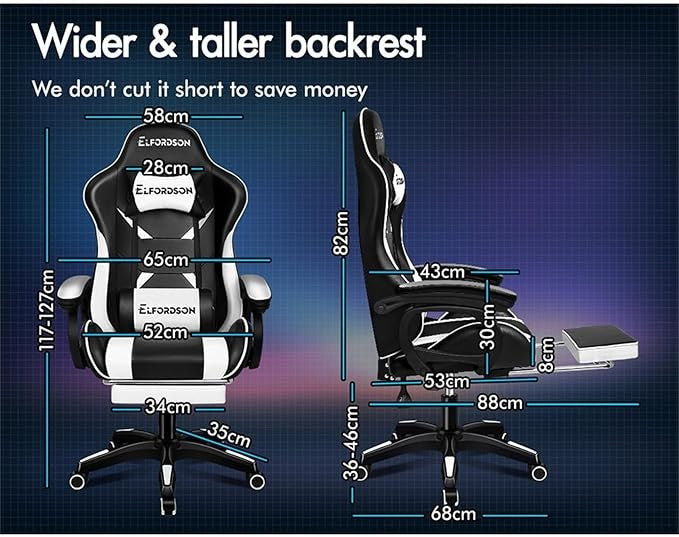 ELFORDSON Gaming Chair w/ 2-Point Massage Lumbar White