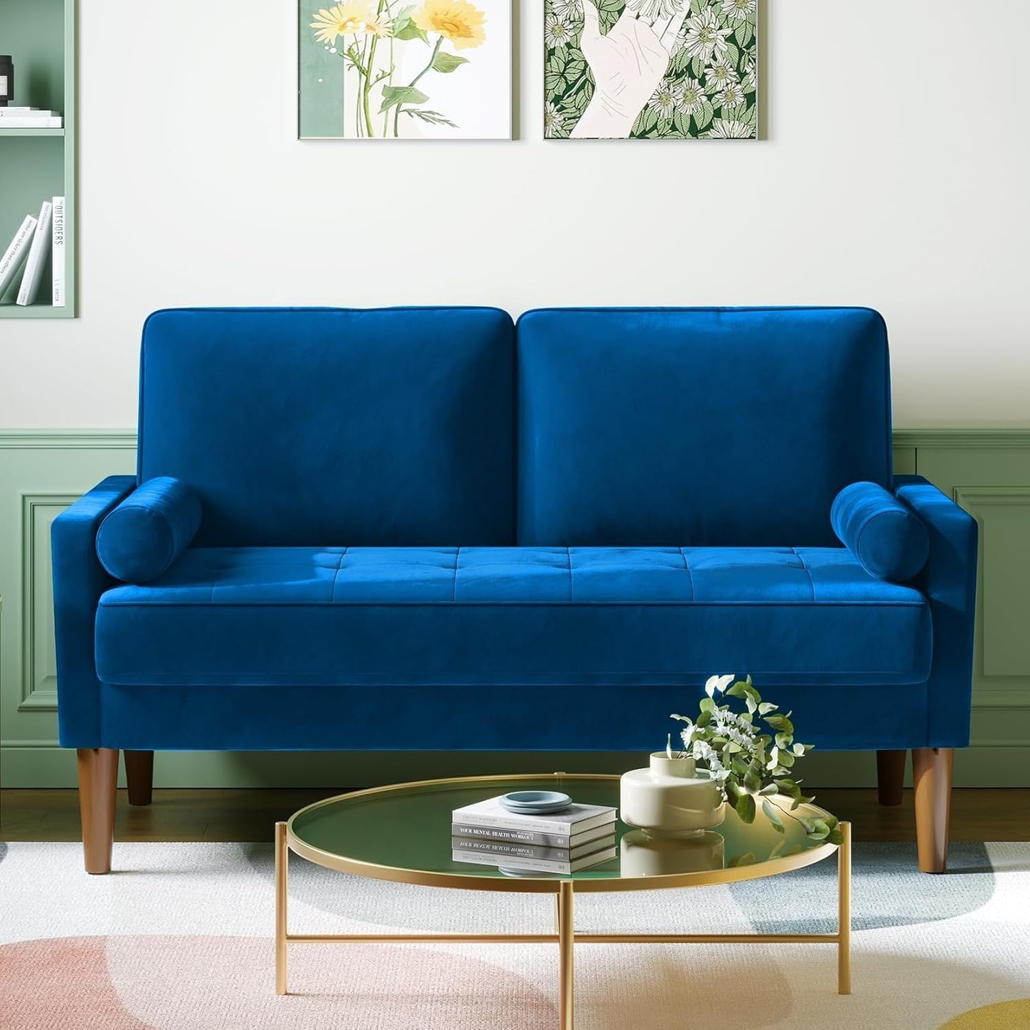 Blue Velvet 2 Seater Sofa Small Space Comfy Couch Wood Legs Living Room