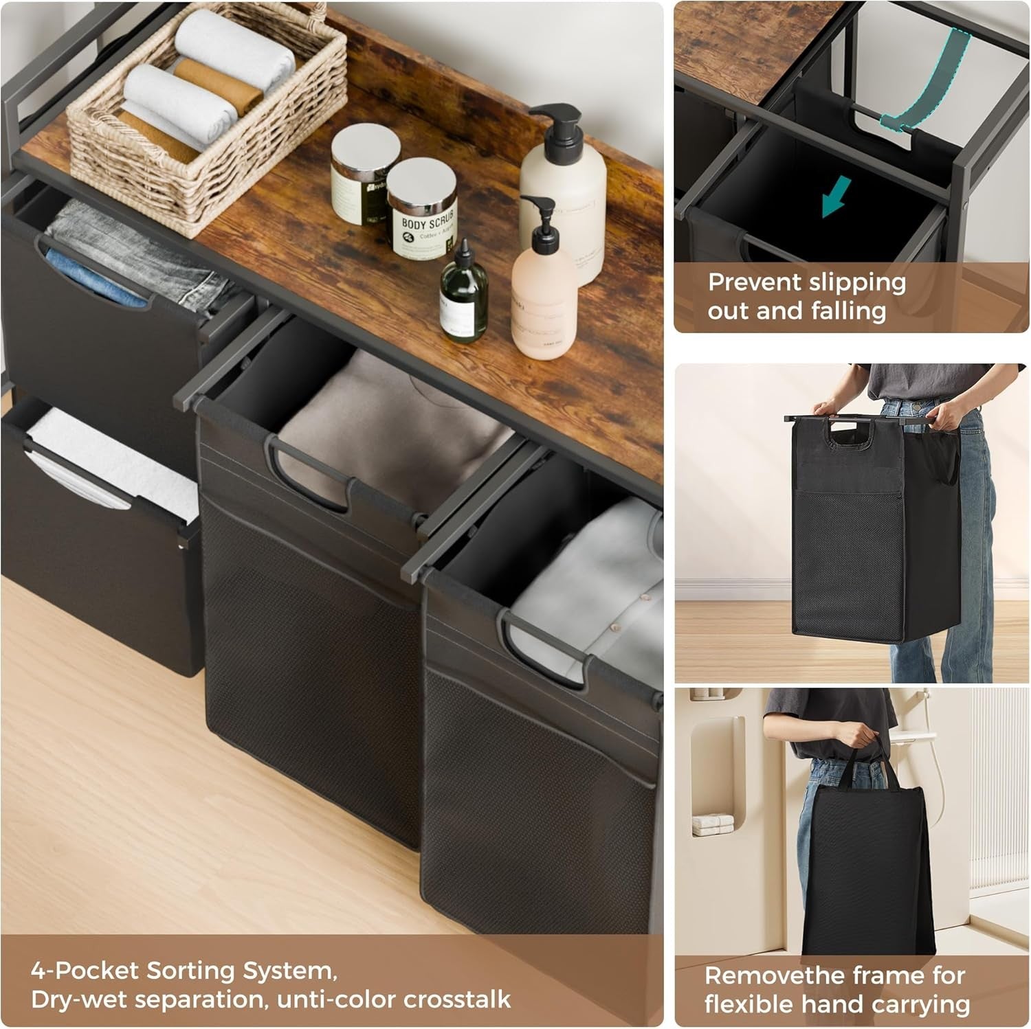 150L 4-Bag Laundry Hamper on Wheels with Rustic Top & Removable Liners