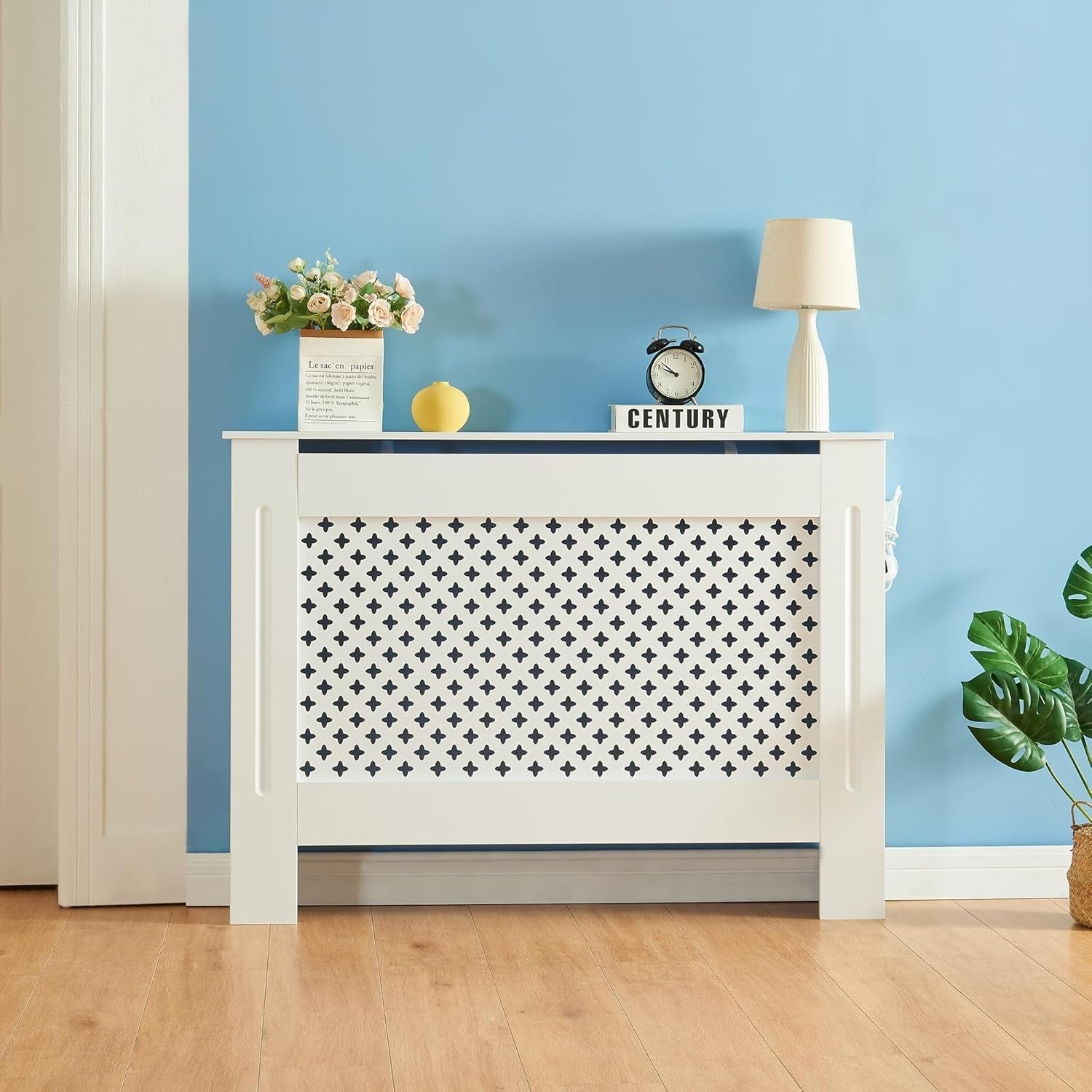 Medium White Radiator Cover 112cm Diamond Design MDF Cabinet for Living Room