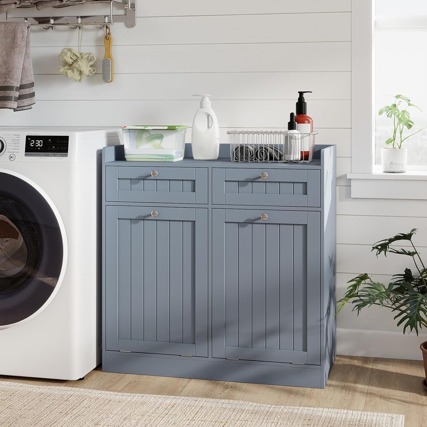 Grey Tilt-Out Laundry Cabinet with 2 Drawers & 2 Hampers Modern Bathroom Storage