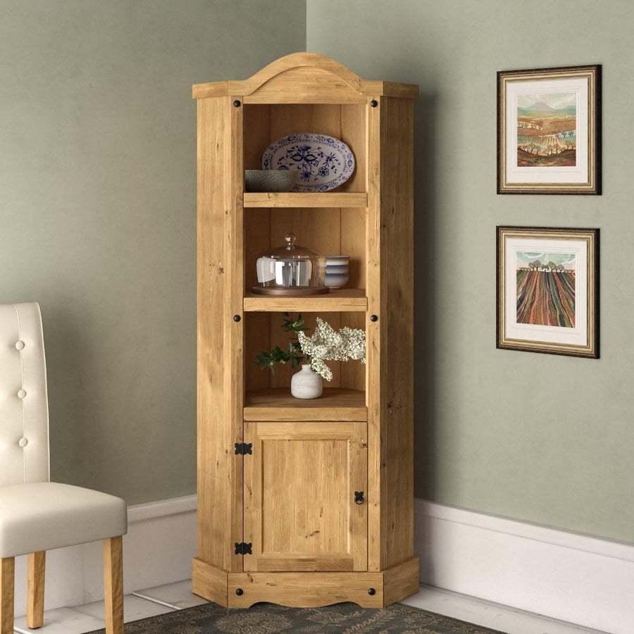 Solid Pine Corner Display Cabinet Rustic Tall Bookcase Unit with Door & Shelves