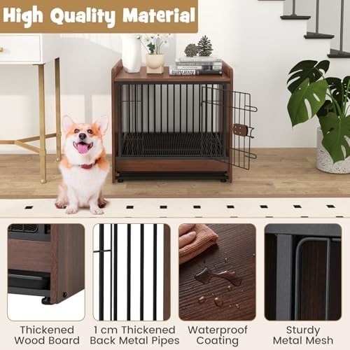 Wooden Dog Crate Furniture with Lockable Door, Tray & Foot Pads for Small Dogs