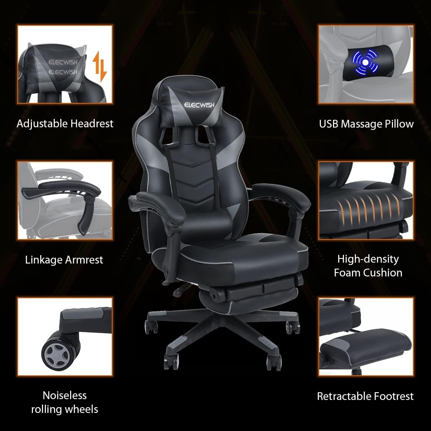 Ergonomic Gaming Chair with Footrest Massage 150° Reclining Grey
