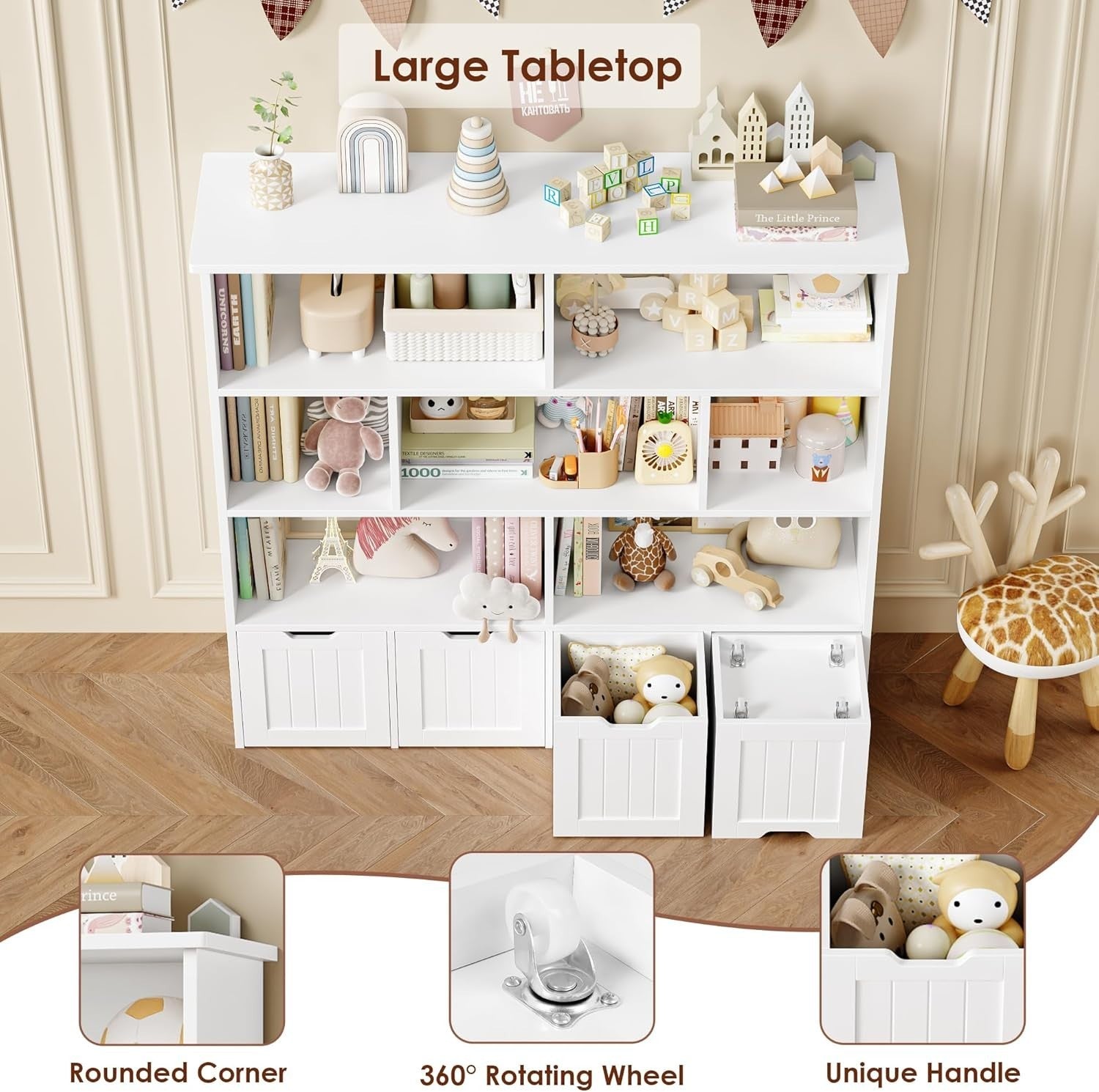 Kids Toy Storage Cabinet with Shelves 4 Drawers Nursery Playroom Organizer White