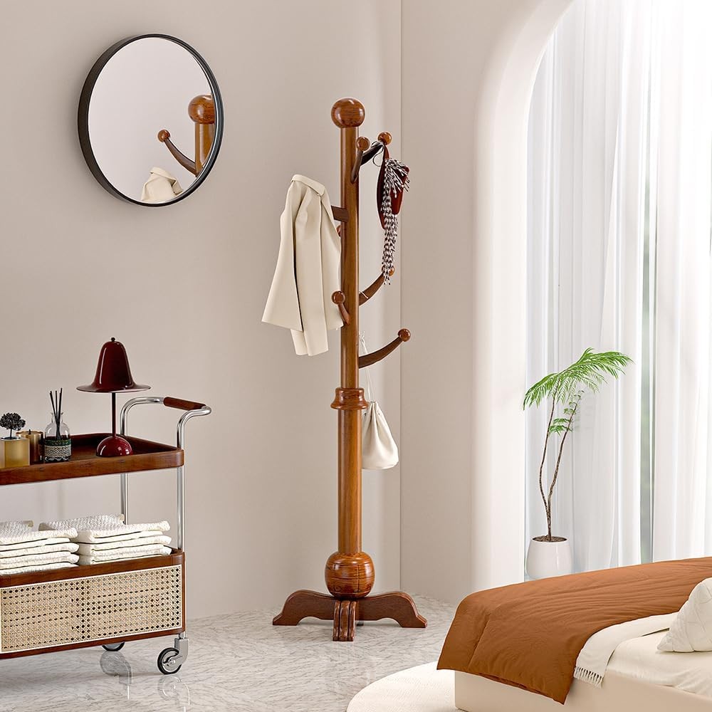 Wooden Coat Rack Stand Freestanding 7 Hooks Sphere Base Hall Tree Walnut