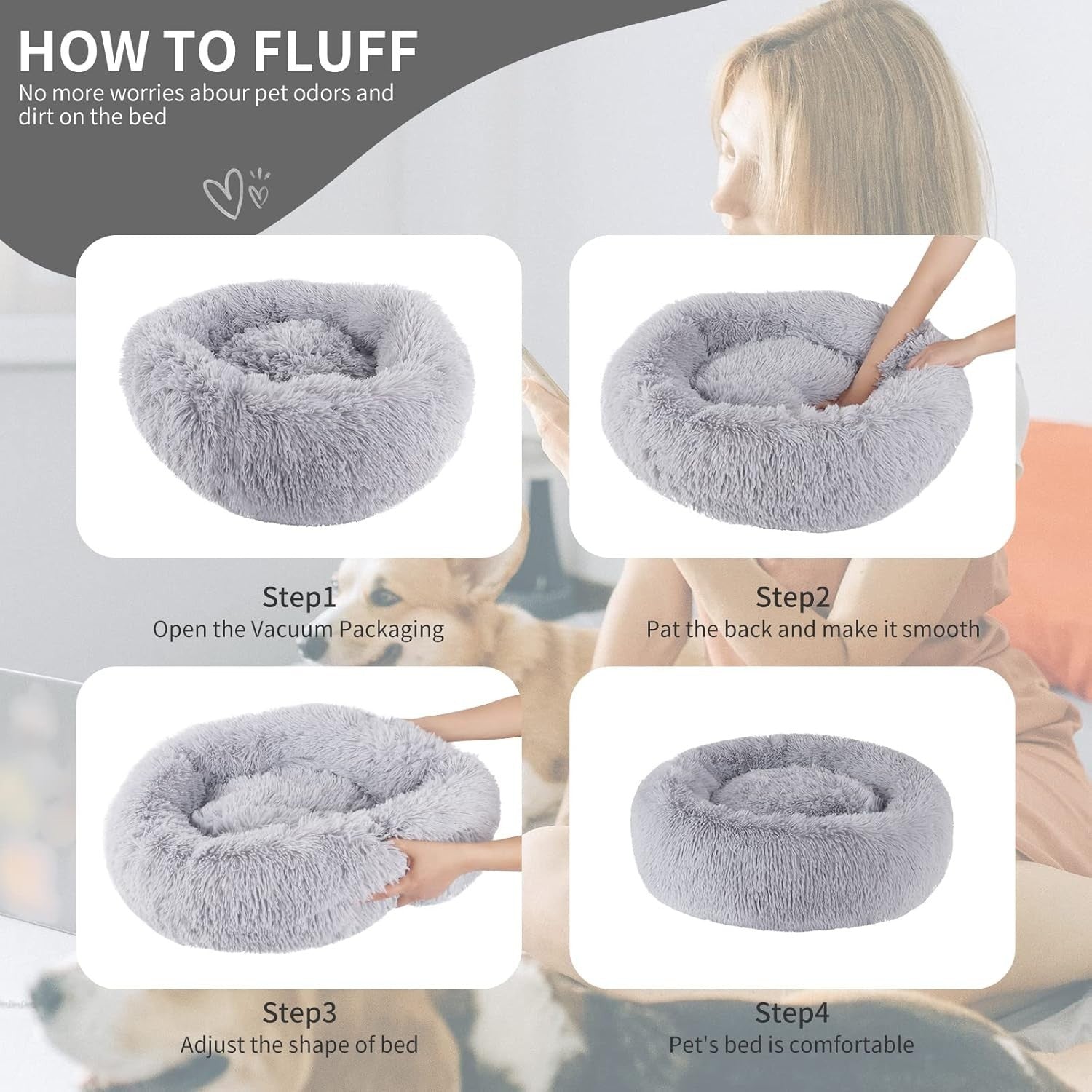80cm Calming Donut Dog Bed Plush Washable Light Grey