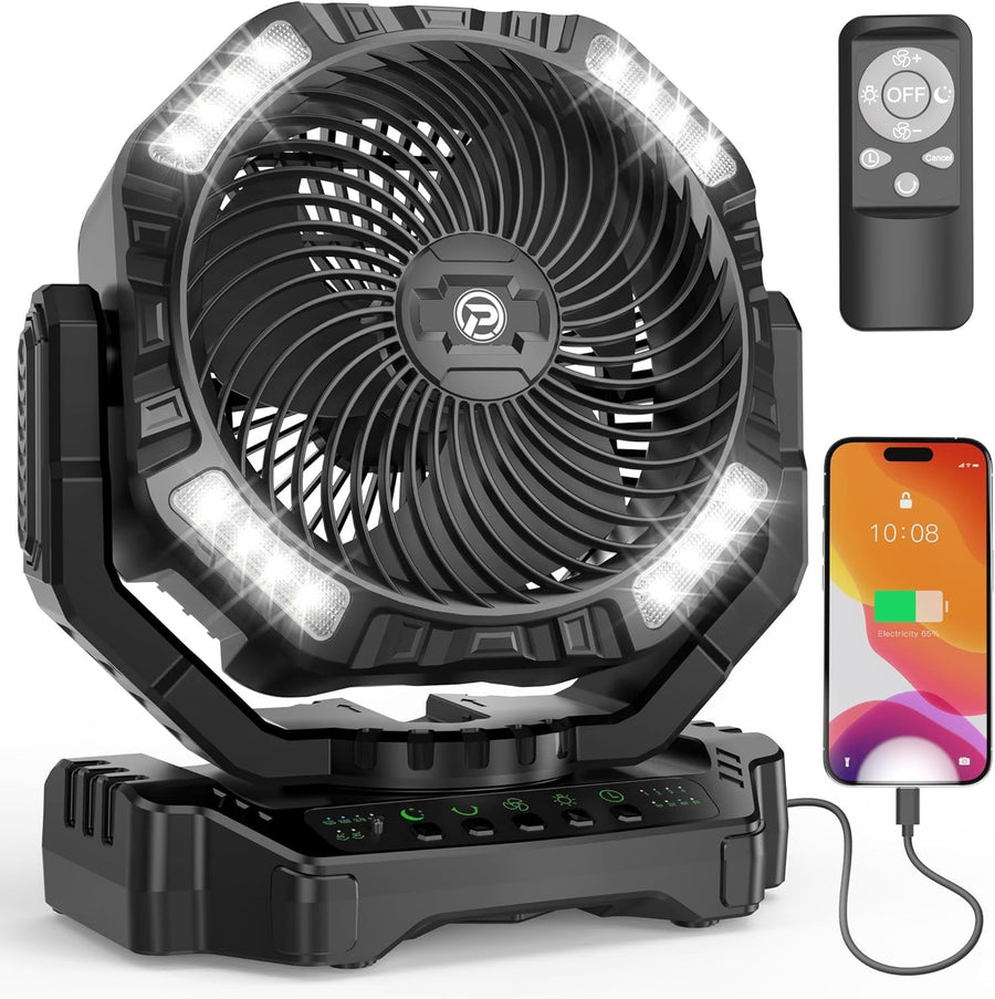 Portable Camping Fan – Long 40000mAh Rechargeable w LED Light Remote Timer Quiet