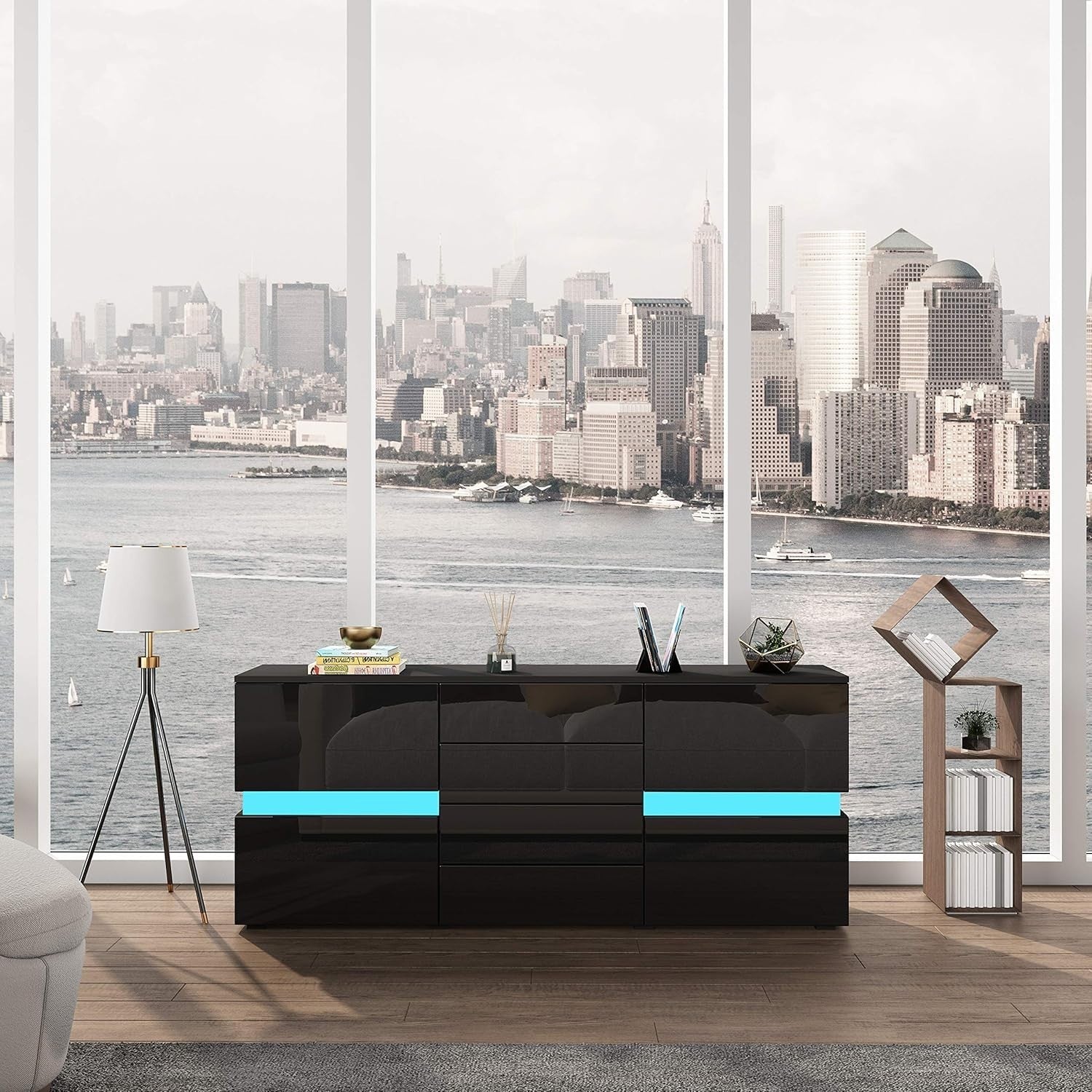 Black Gloss Sideboard LED 4 Drawers 2 Doors Cabinet 177cm TV Unit Modern