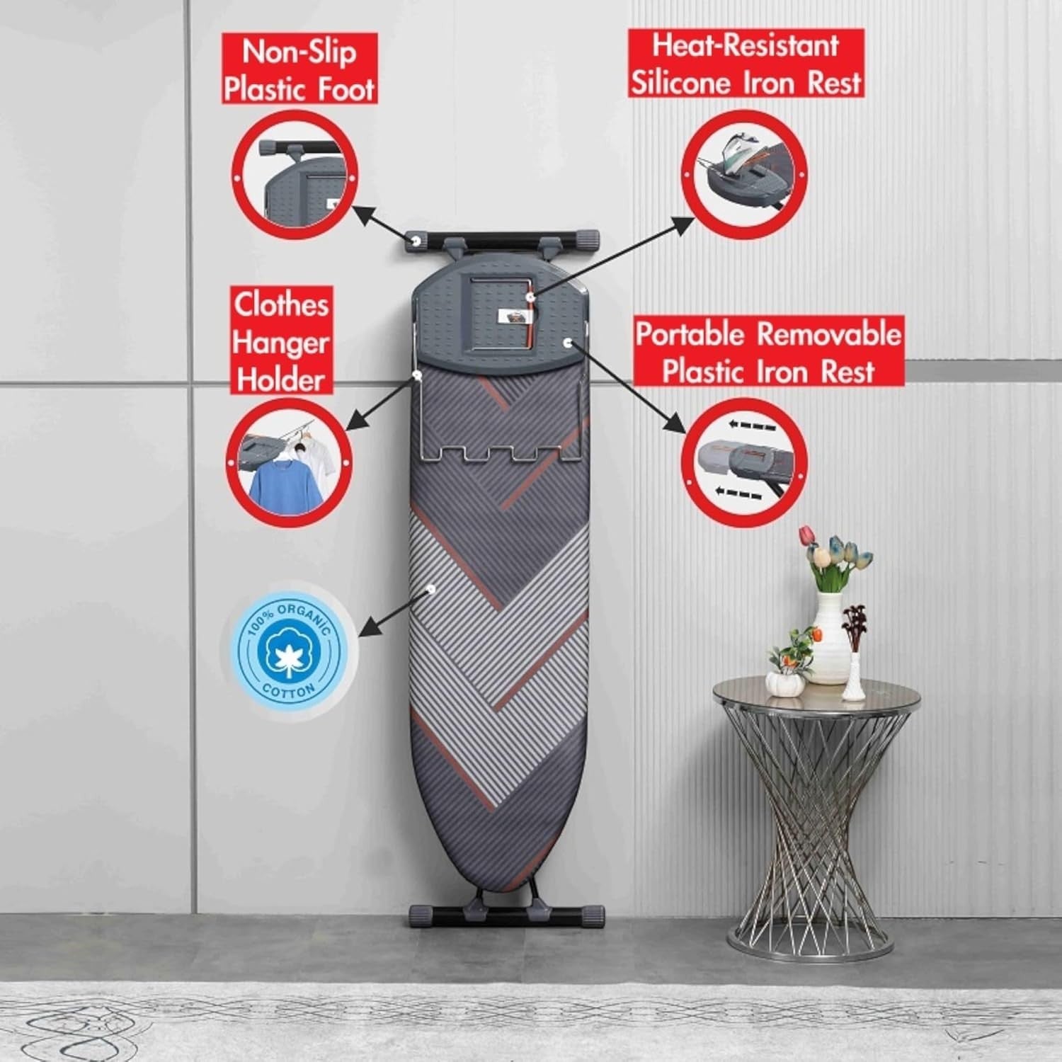 Large Ironing Board 140x40cm Adjustable Height Grey Steam Holder Non Slip