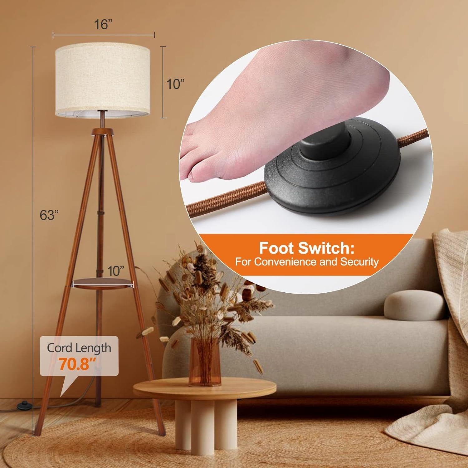 Wooden Tripod Floor Lamp Remote Dimmable Shelf Linen Shade Standing
