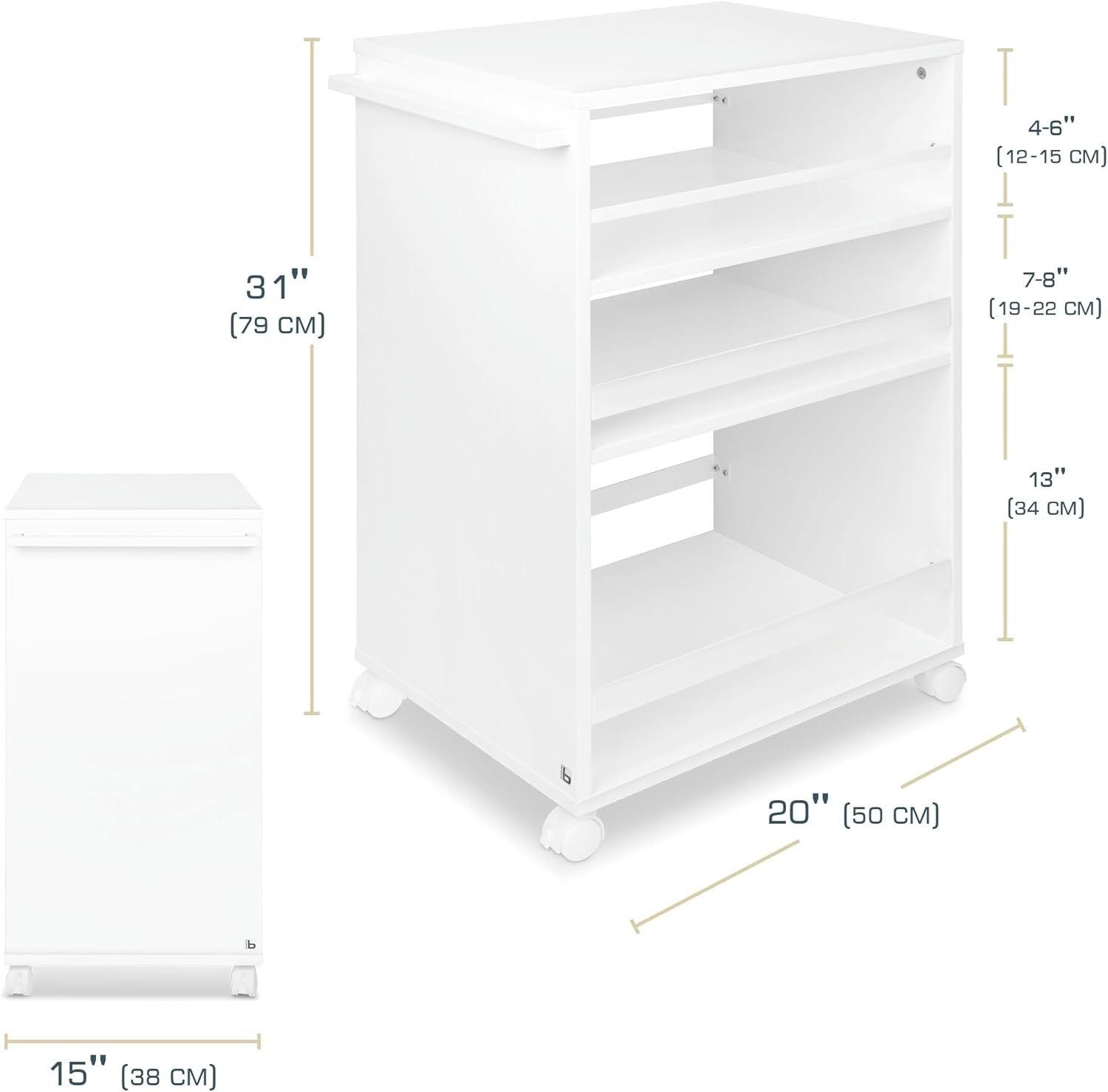 Kitchen Cart Trolley on Wheels 3 Tier Adjustable Shelves Wooden Worktop White