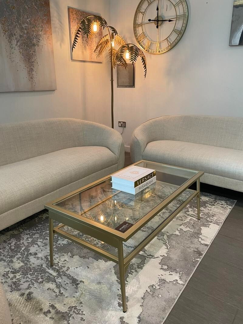 3+2+1 Oatmeal Fabric Sofa Set Gold Legs Curved Armchairs Living Room