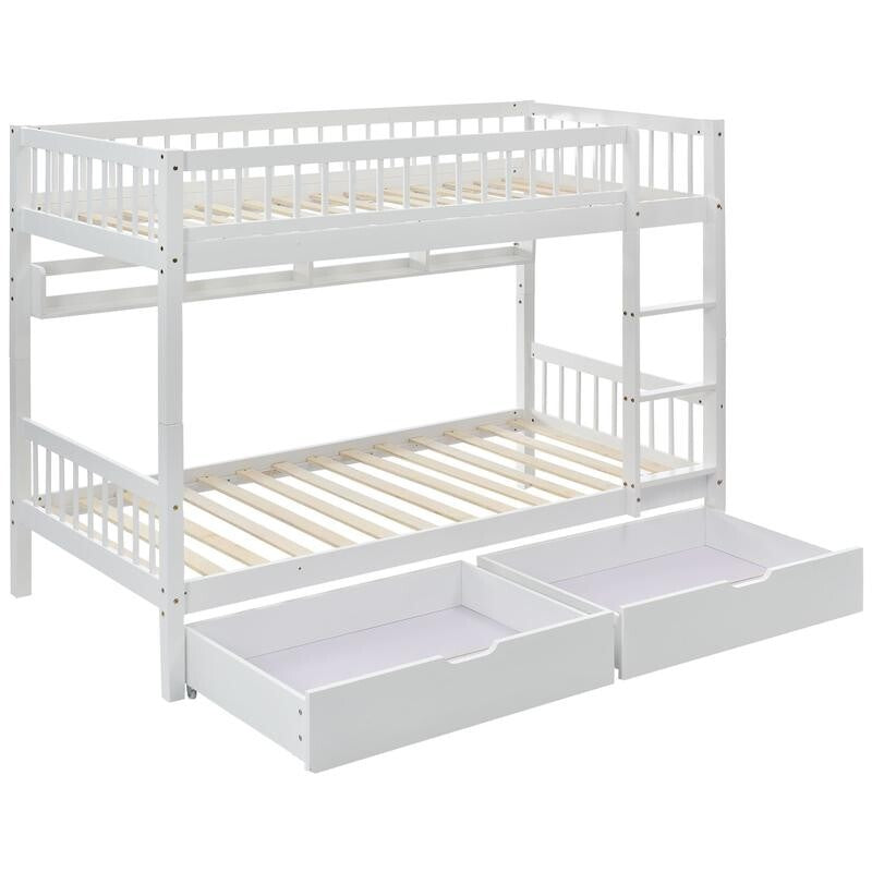 3FT Pine Bunk Bed Kids White with Storage Drawers Shelves Ladder Split Frame