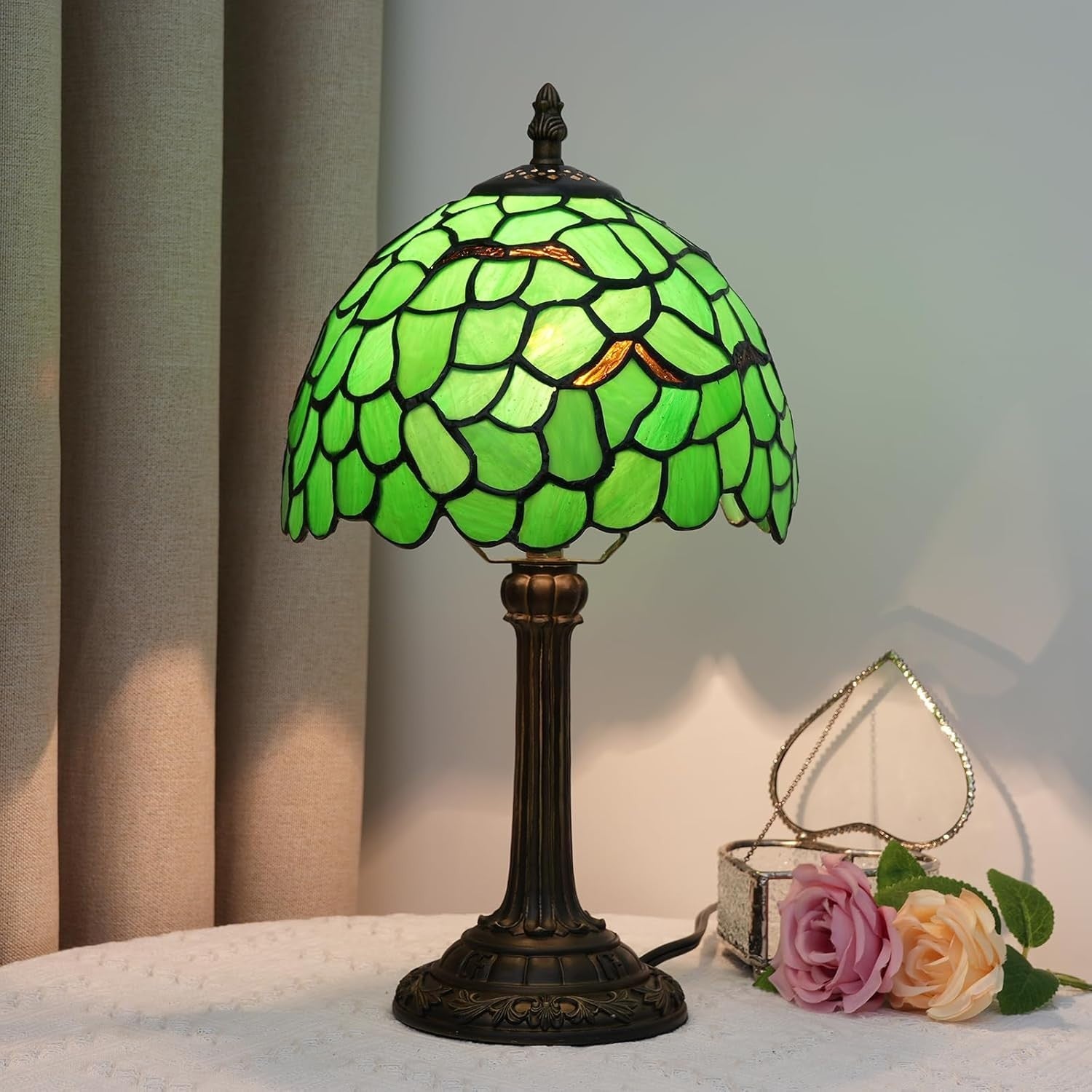 Stained Glass Tiffany Table Lamp Green Leaf 8x14 Inch Desk Light