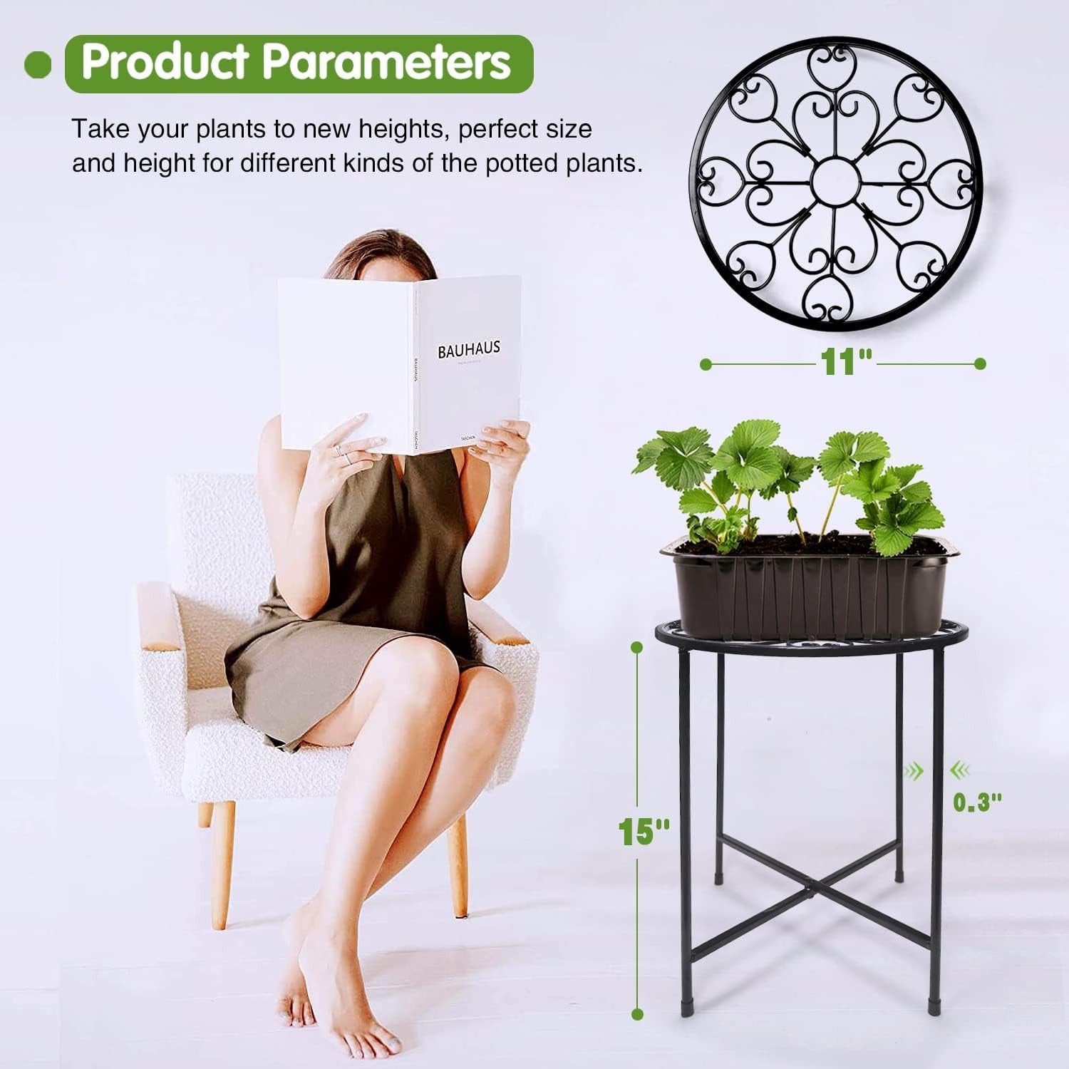 2 Pack Black Metal Plant Stands | 15” Tall Rustproof Iron Flower Pot Holders