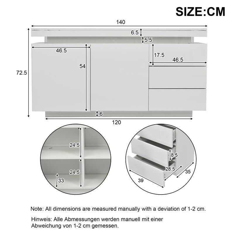 White High Gloss Sideboard LED Cabinet 2 Doors 3 Drawers Modern Unit