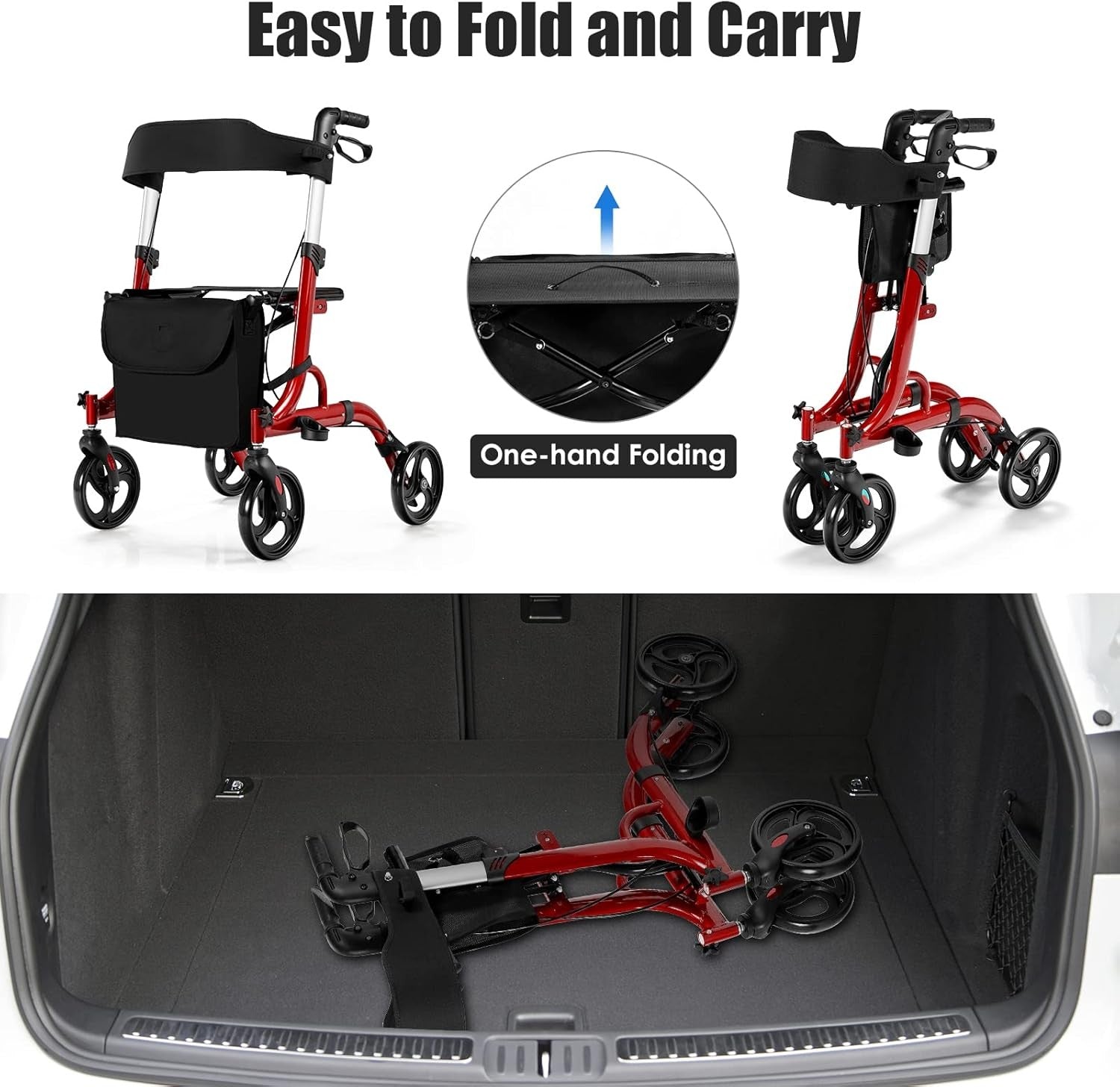 Lightweight Rollator Walker Seat 4 Wheel Folding Adjustable Mobility Aid
