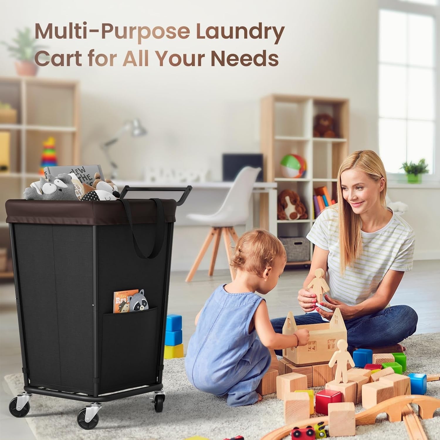 160L Rolling Laundry Hamper on Wheels Large 2 Section Basket with Lid & Handle