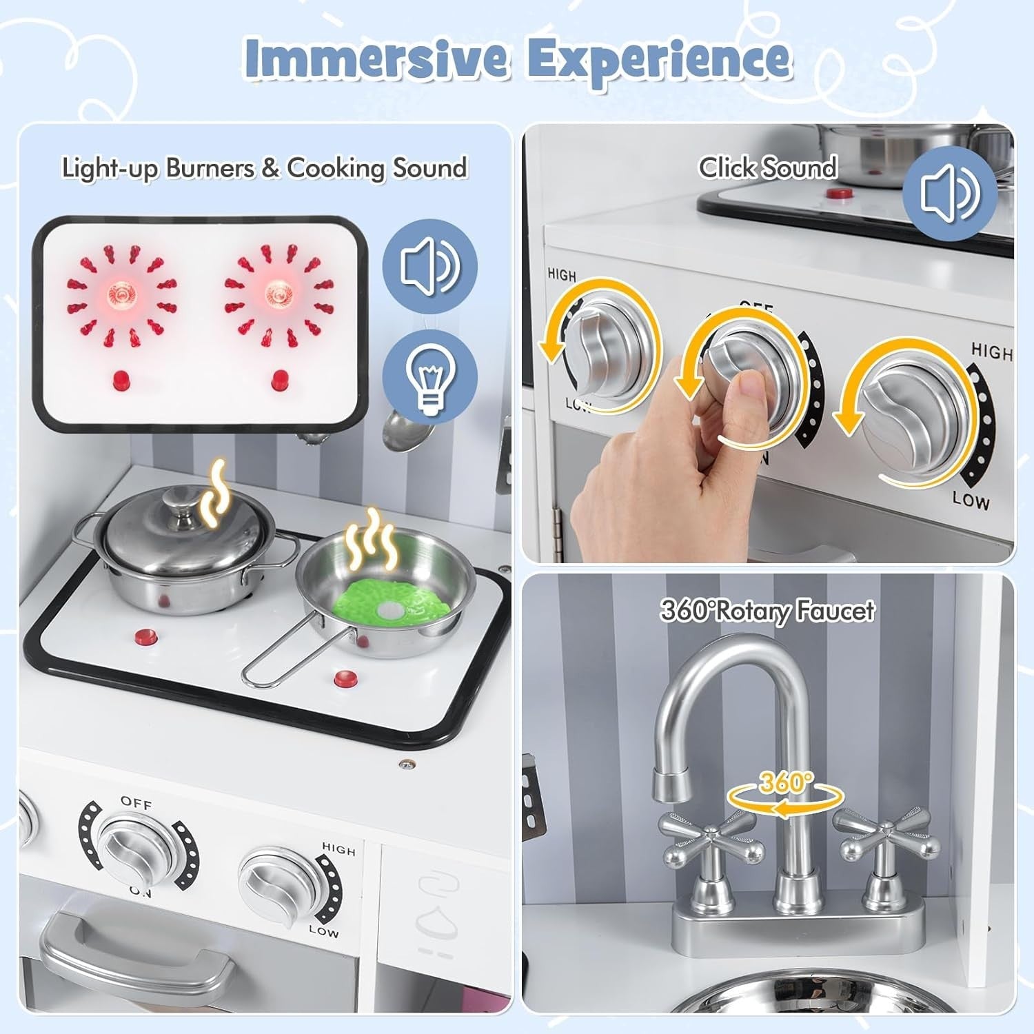 Kids Wooden Play Kitchen Lights Sounds Water Dispenser White Silver