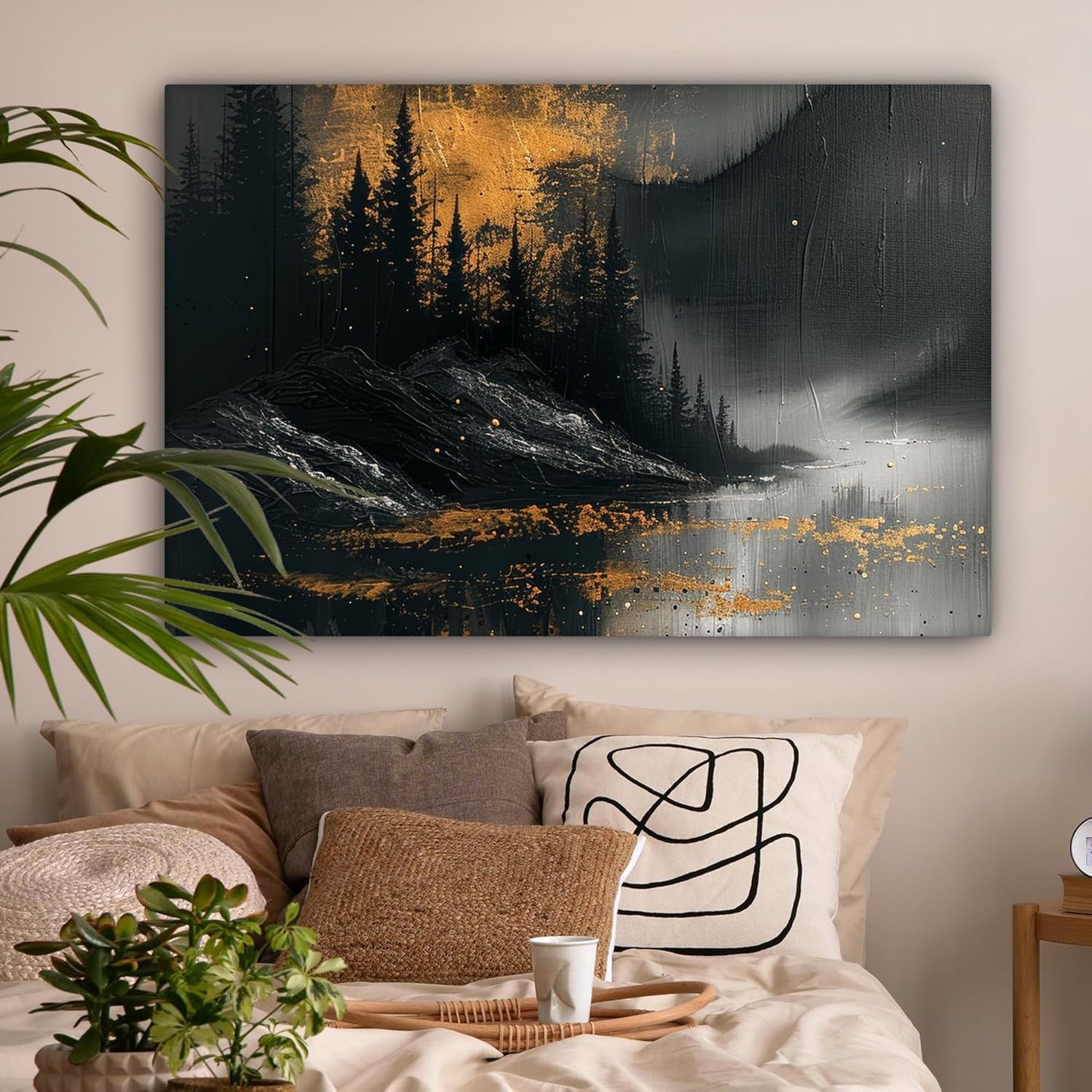 Large Forest Canvas Wall Art 120x80cm Black Gold Modern Nature Decor