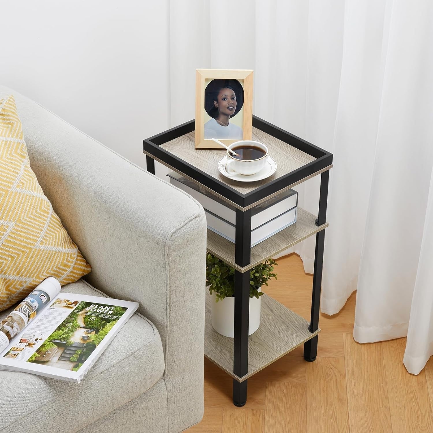 Slim 3 Tier Side Table Oak Small Narrow End Bedside Nightstand Storage
