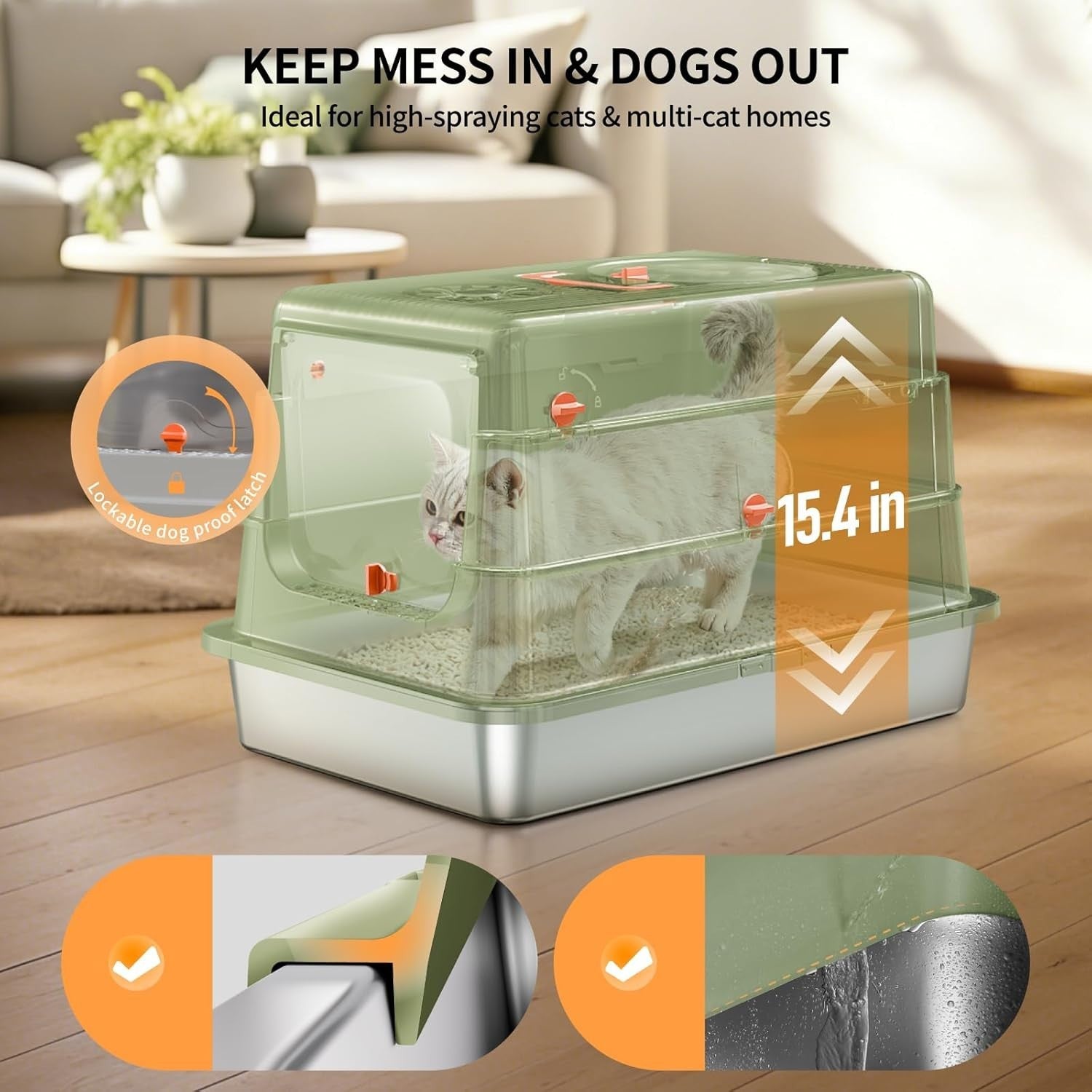 XL Stainless Steel Cat Litter Box Covered Leak Proof Odor Control Green