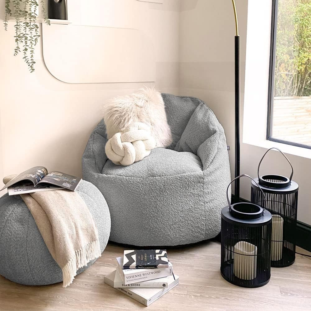 Luxury Large Grey Bean Bag Chair with Pouffe | Family Friendly Comfort Seat