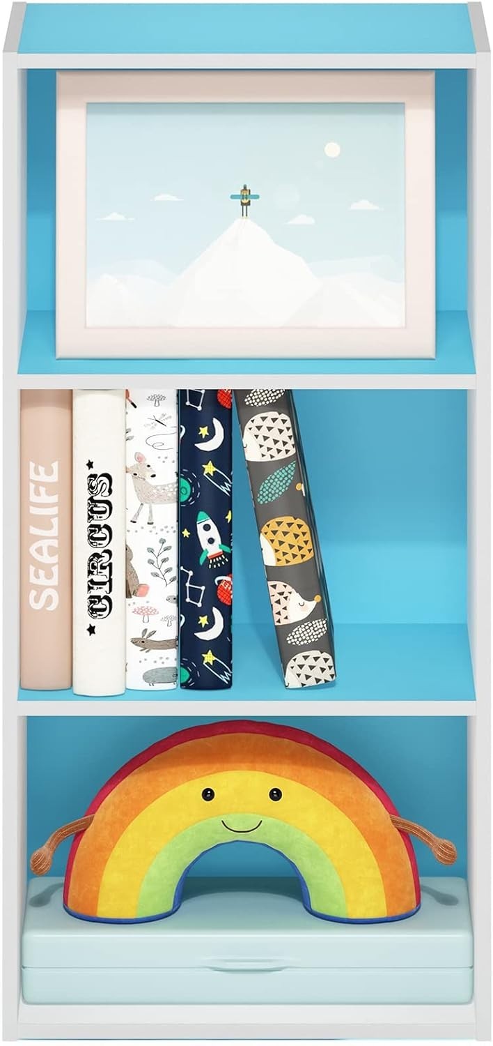3 Tier Blue Wooden Bookcase Small Storage Shelf Compact Organizer Open Bookshelf