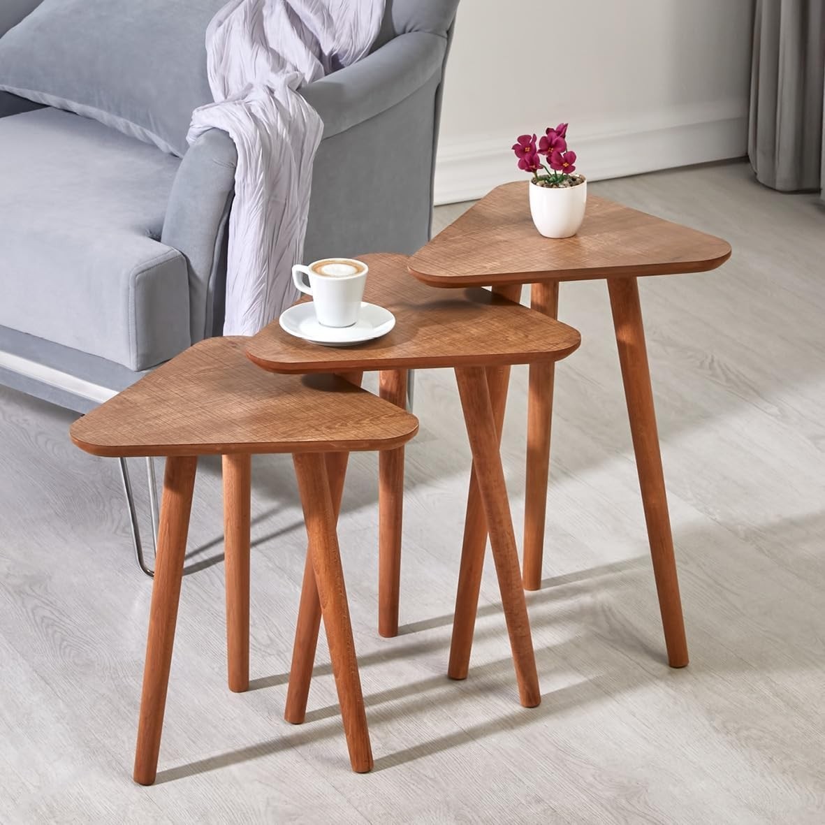 Brown Wood Nesting Coffee Table Set of 3 End Side Tables Living Room Furniture