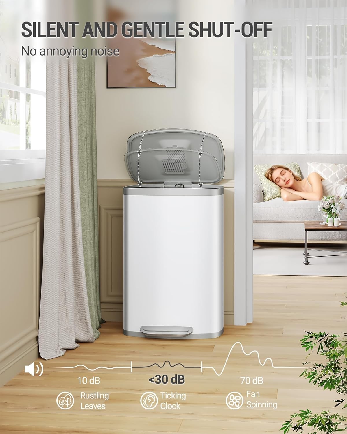 50L Stainless Steel Kitchen Bin Soft Close Pedal Lid White
