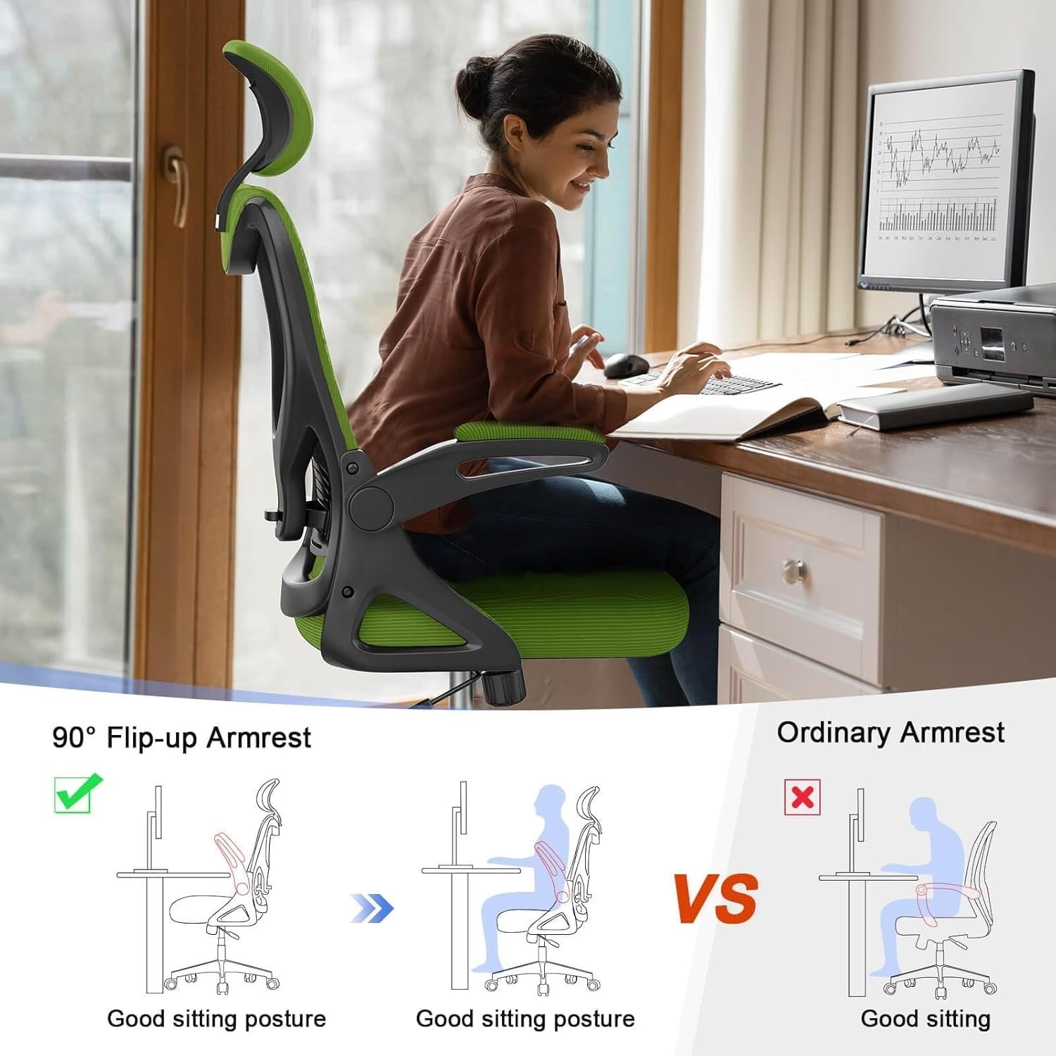 Ergonomic High Back Office Chair Mesh Flip-Up Arms Adjustable Lumbar Green