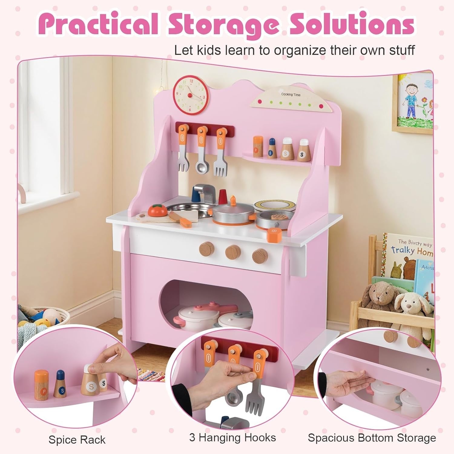 Wooden Kids Play Kitchen Pink Toy Set Stove Sink Oven Accessories