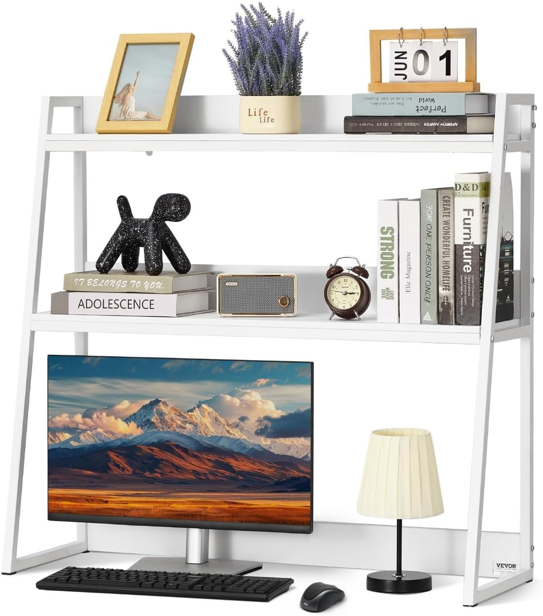 White 2-Tier Desktop Bookshelf 95cm Desk Hutch Organiser for 32" Monitor